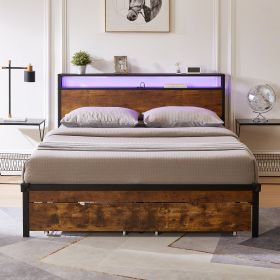 Full Size Metal Platform Bed Frame with Wooden Headboard and Footboard with USB,Charging Station,2 Drawers,LED Lights, No Box Spring Needed