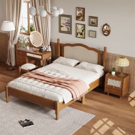 3 Pieces Bedroom Set with Full Size Wooden Bed Frame, 1 Vintage Nightstand and 1 Makeup Vanity Set with Stool,Walnut (Expected Arrival Time: 08.23)