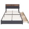 Queen Size Upholstered Platform Bed with Storage Headboard, LED, USB Charging and 2 Drawers, Dark Gray