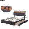 Full Size Upholstered Platform Bed with Storage Headboard, LED, USB Charging, and 2 Drawers