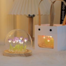 Tulips Gift for Women with LED Light in Glass Dome (Color: 10 Finished Purple Tulips + Gift Bag)