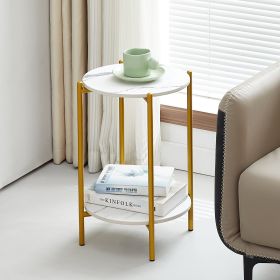 MarbleGlow 2-Layer Round End Table (Color: White+Golden+Marble)